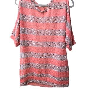 ROMY Pink Nubby Knit Striped Split Flutter Sleeve Blouse